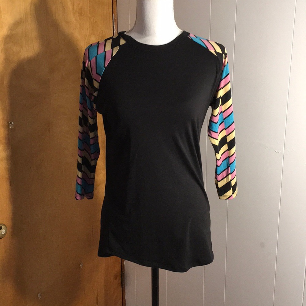 Small LuLaRoe Baseball Style Top Shirt Black with Multicolored Sleeves